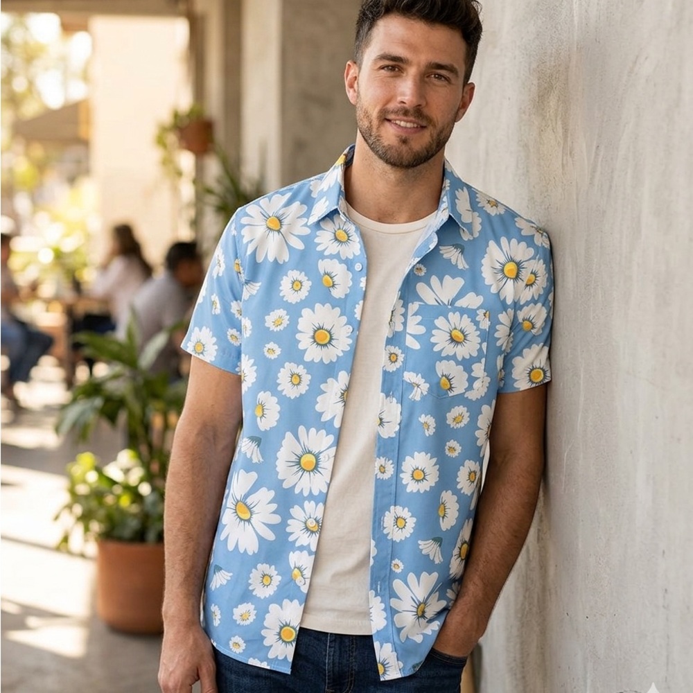 Men's Light Blue Daisy Print Short-Sleeve Button-Down Shirt
